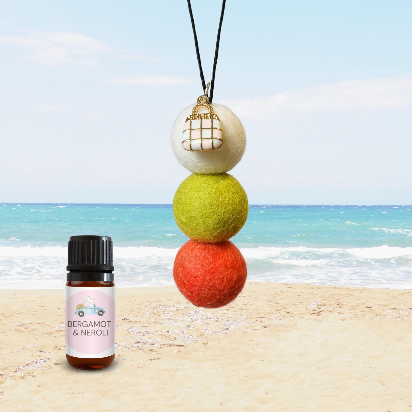 Bergamot & Neroli Scent Essential Oil Car Diffuser with Pink Hand Bag Charm