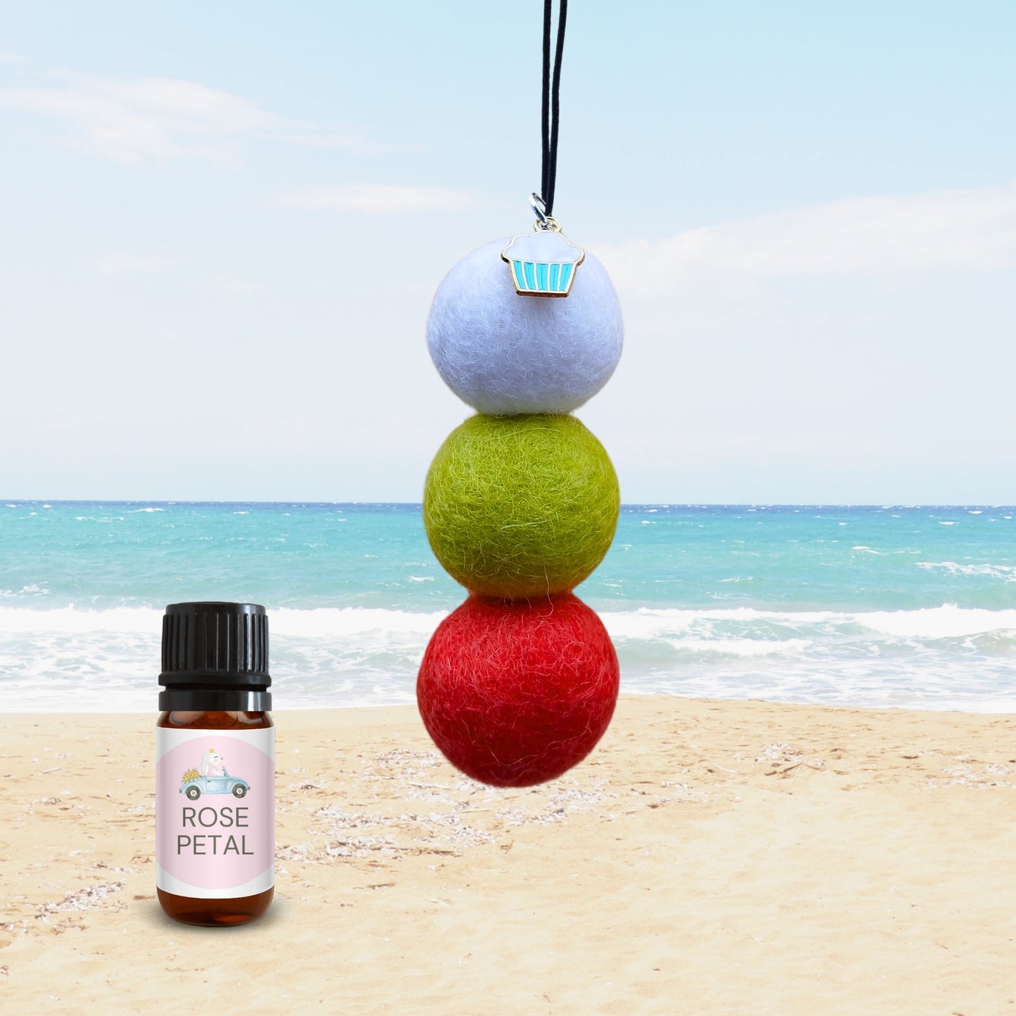 Rose Petal Felt Ball Felt Car Diffuser with Cupcake Charm