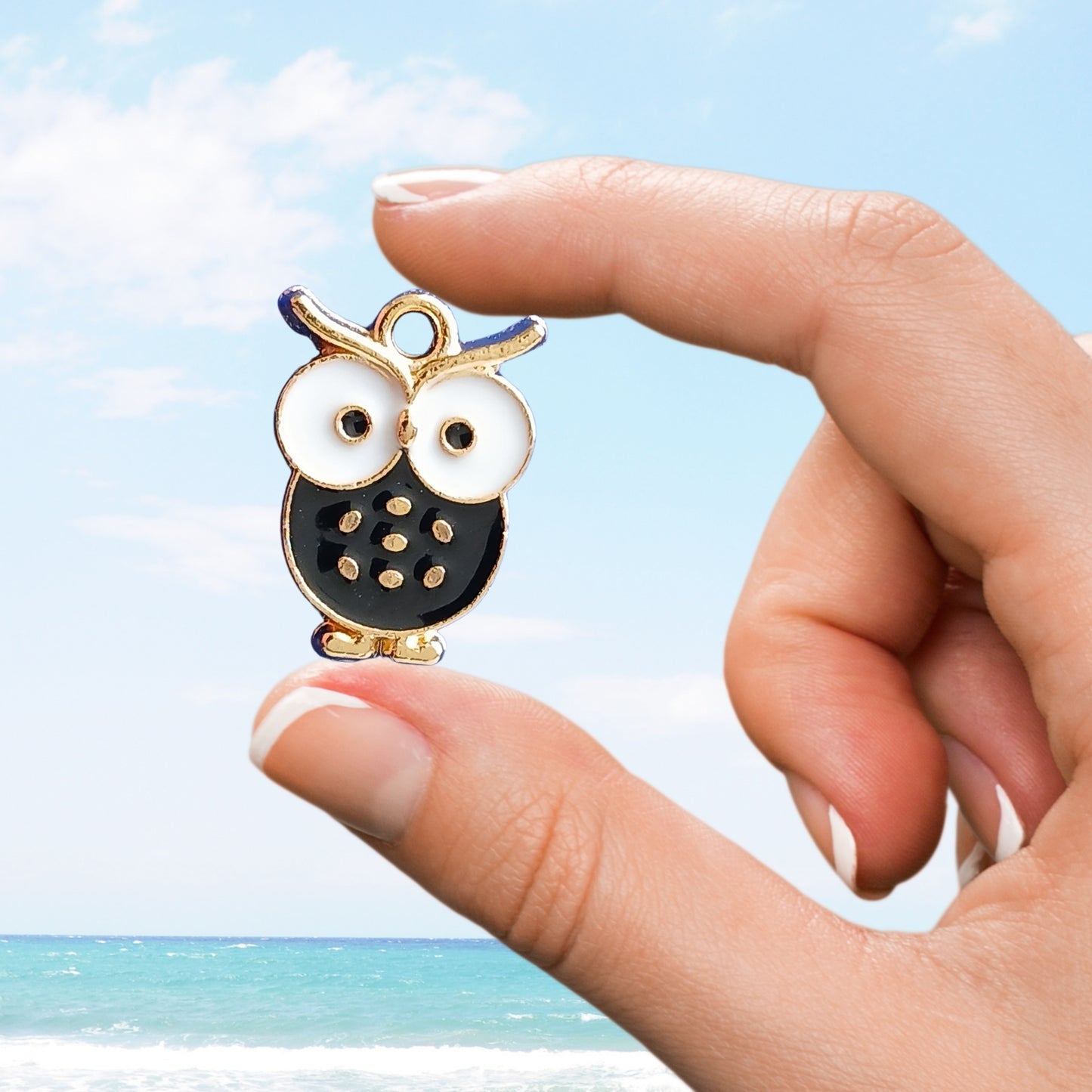 Close-up of a hand holding a black owl charm with large eyes, ocean in background.