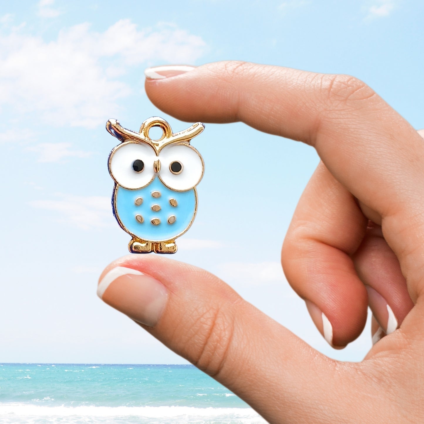 Hand holding a blue owl charm for car diffusers in front of a coastal sky