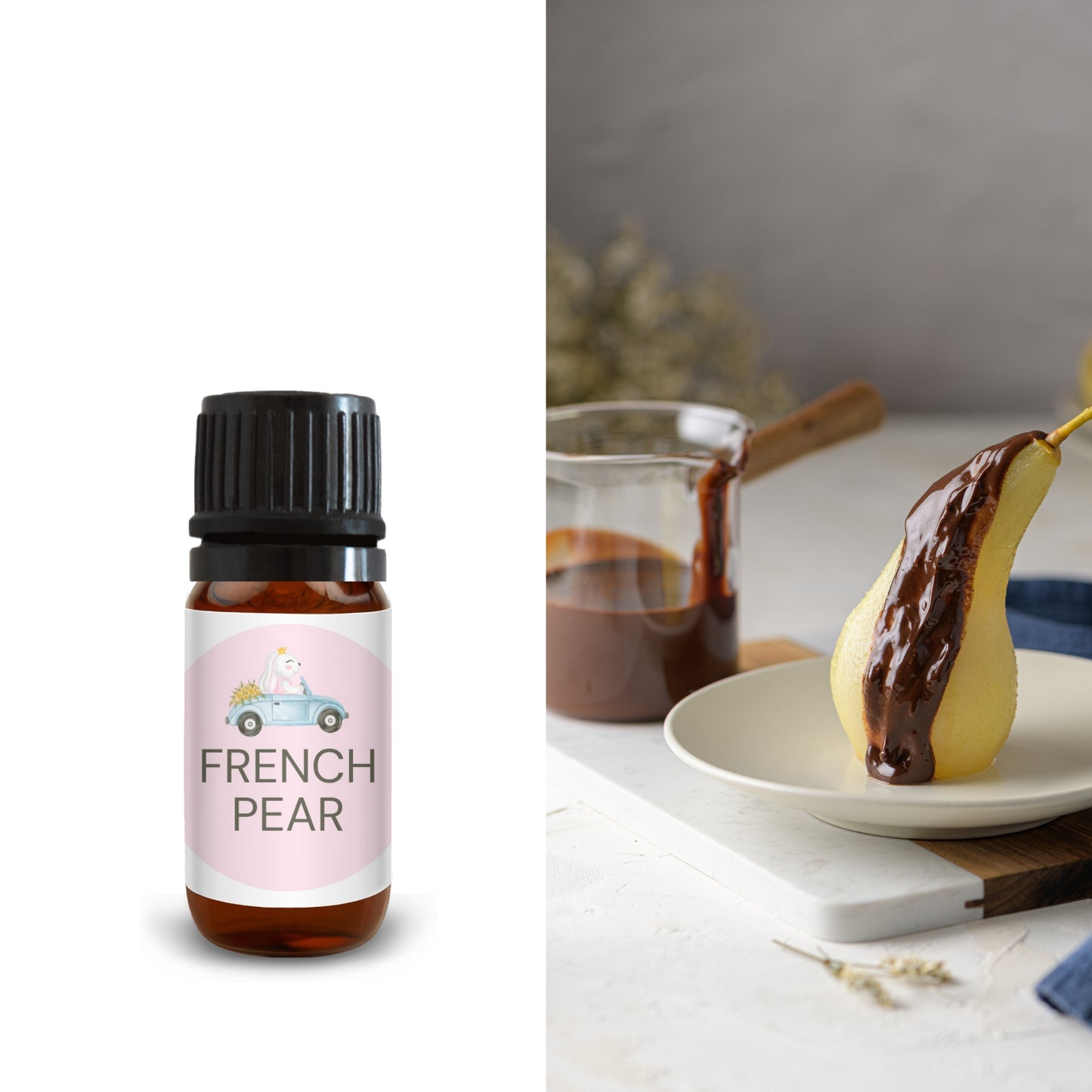 10ml French pear oil bottle beside poached pear drizzled with chocolate