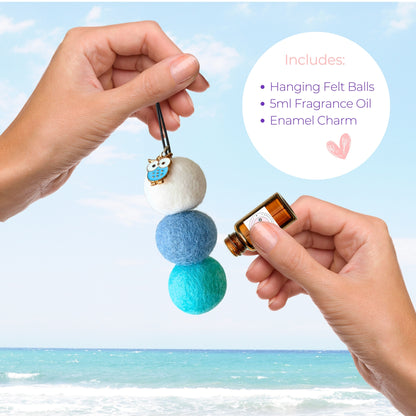 Hanging felt balls with a small bottle of diffuser oil against a beach background
