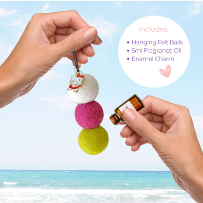 Colorful felt diffuser with hanging felt balls and a small bottle, held by hands against a beach background.