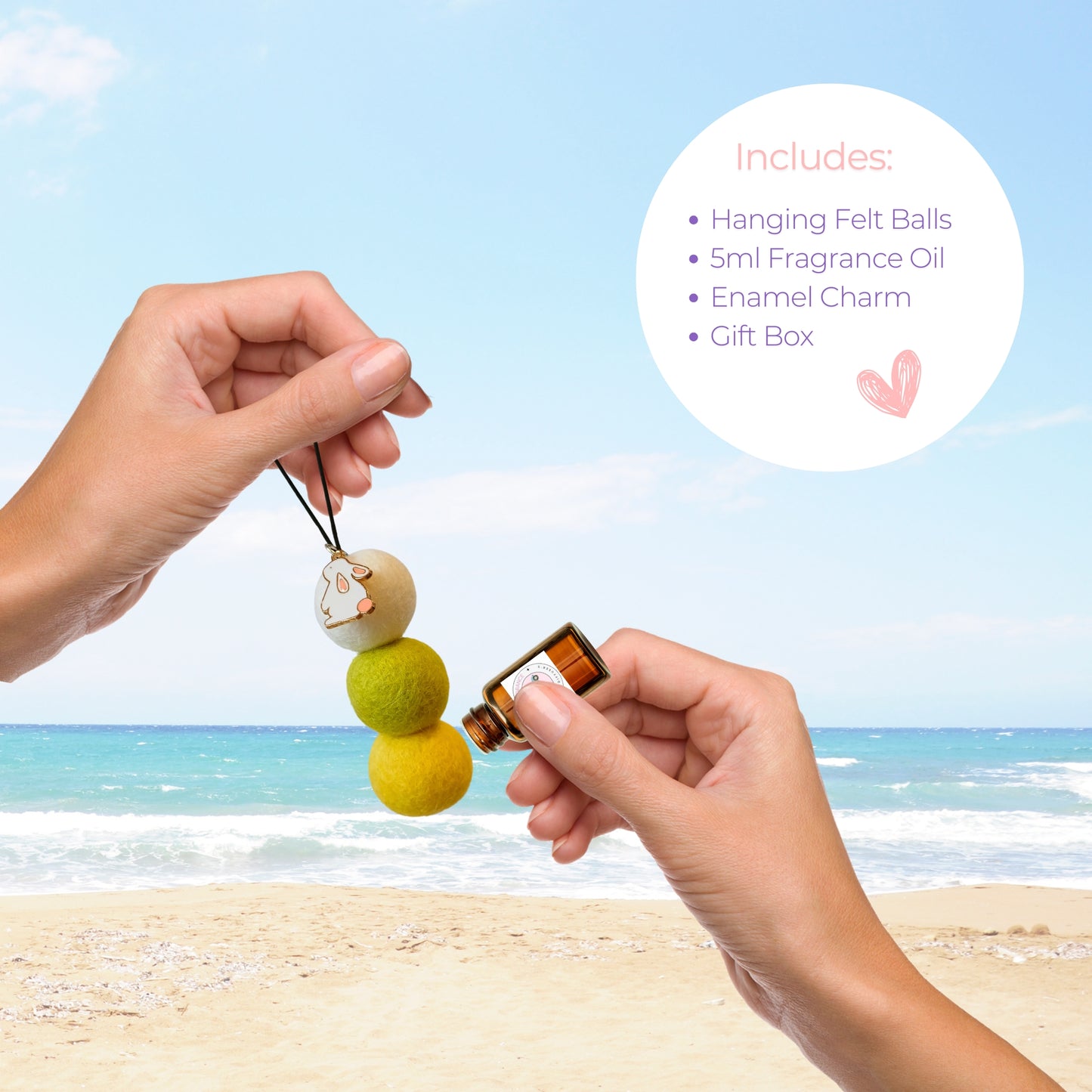 Coconut Lime fragrance oil being applied to bunny charm felt ball car diffuser over a beach background.