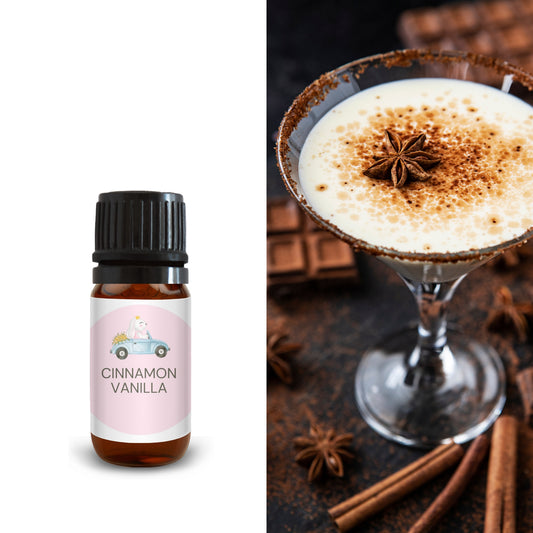 10ml cinnamon vanilla oil bottle beside creamy dessert topped with cinnamon and star anise