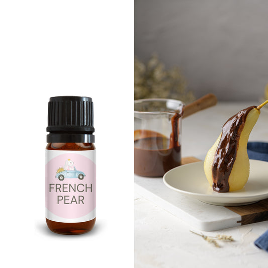 10ml French pear oil bottle beside poached pear drizzled with chocolate