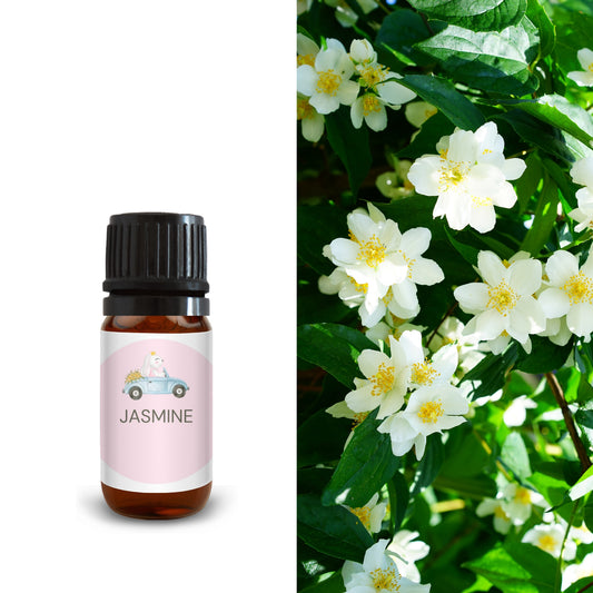 10ml jasmine essential oil bottle next to blooming white jasmine flowers