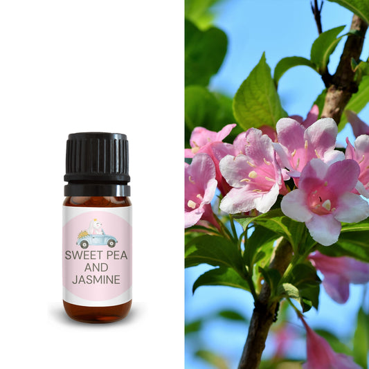 10ml sweet pea and jasmine oil bottle beside blooming pink sweet pea flowers