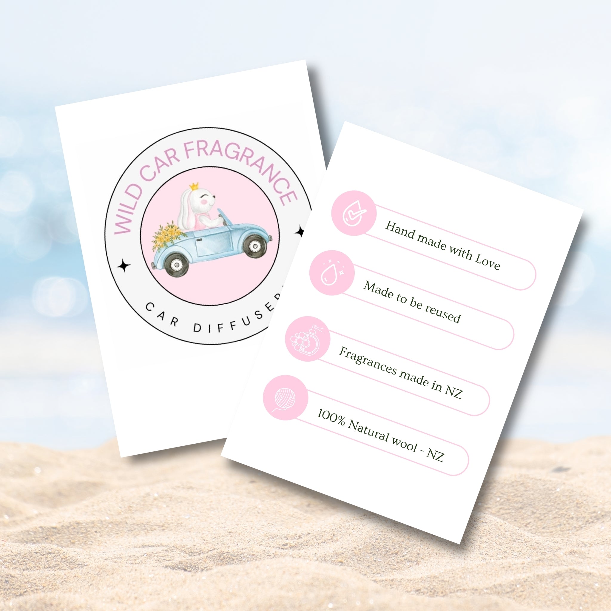 Pink & White card with explanation on the benefits of car fragrances