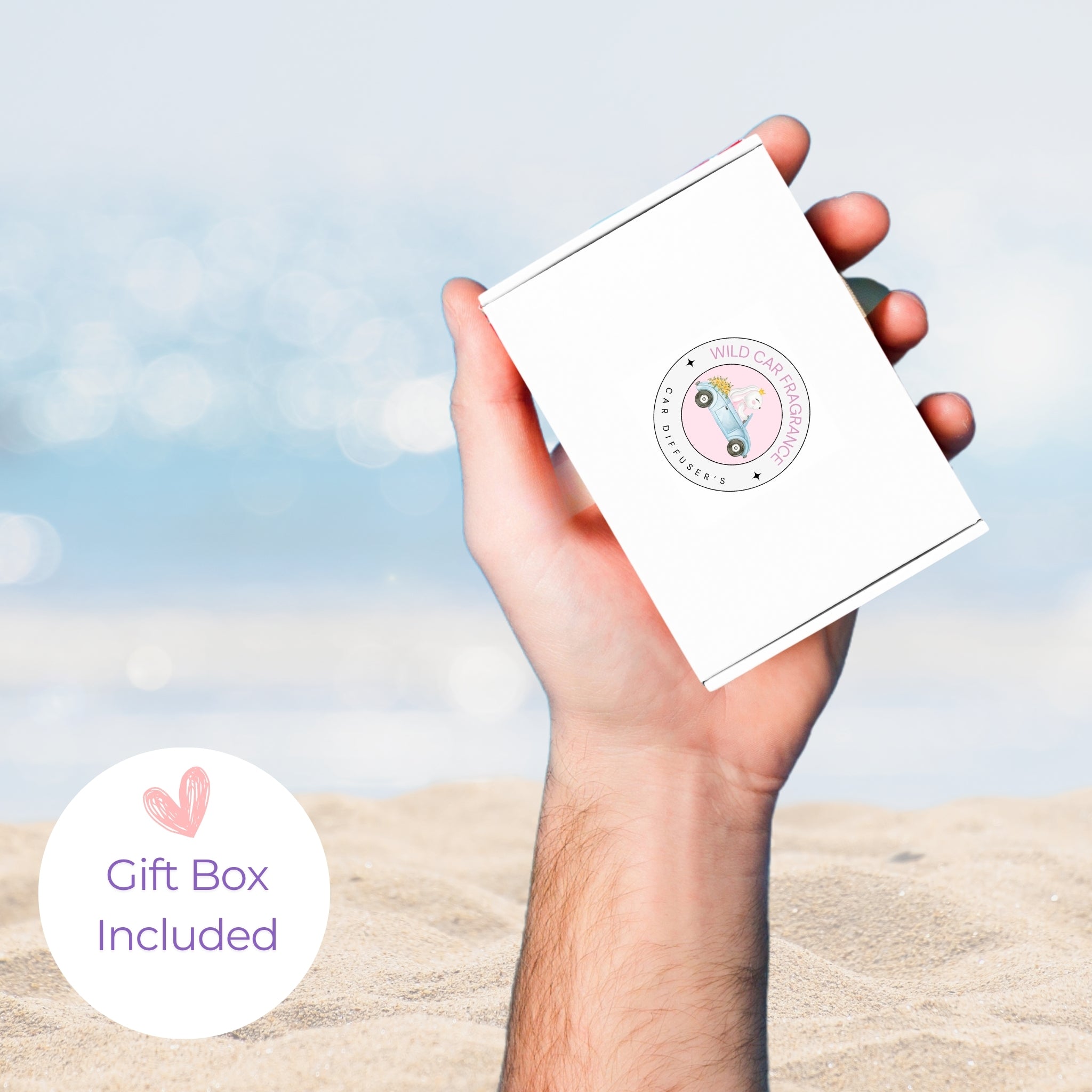 Hand holding small gift box with hanging car diffuser inside
