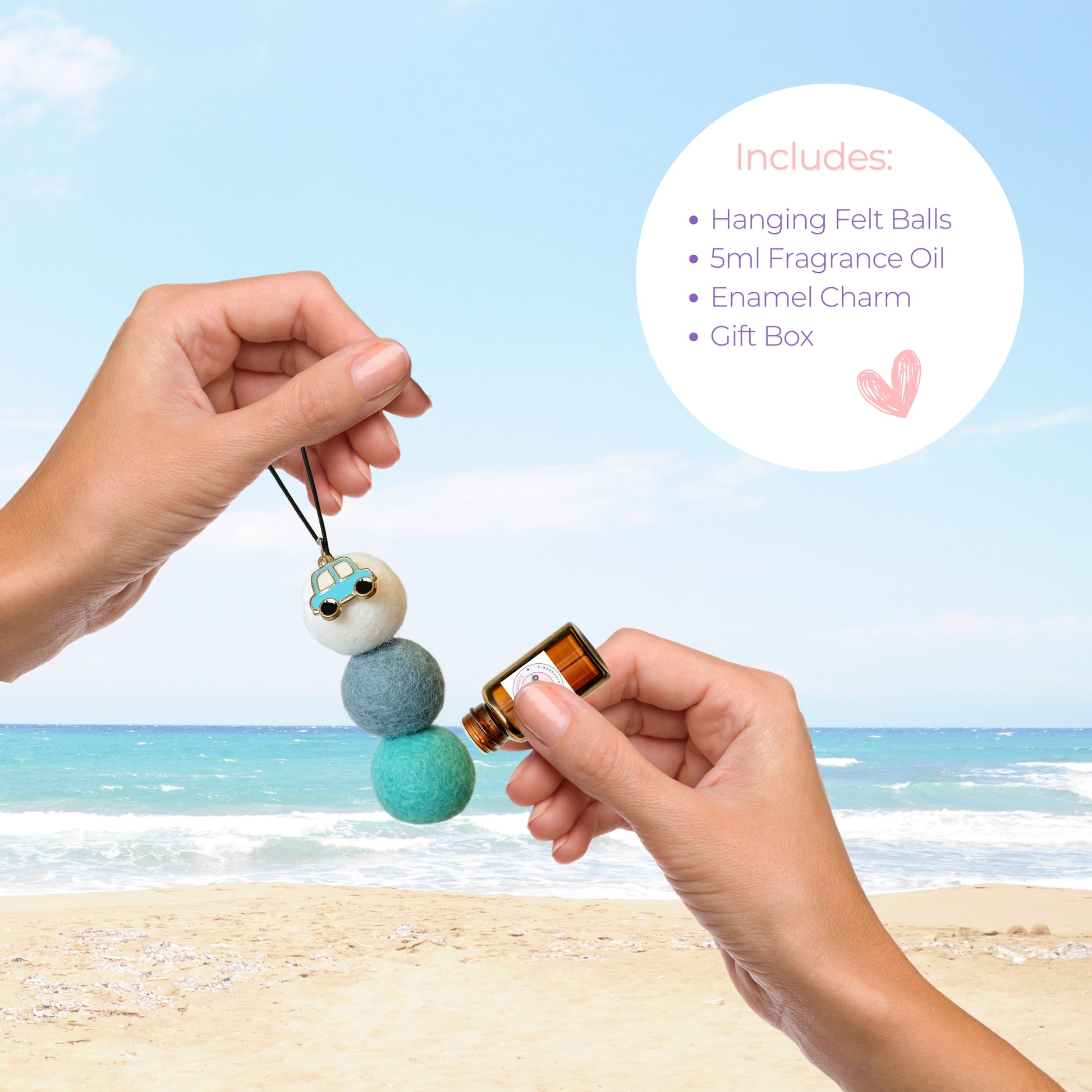 Hands applying fragrance oil to blue car charm diffuser with teal and blue felt balls, with product features listed